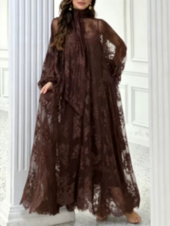 Elegant Deep Brown Maxi Dress With Lace Panels And Defined Waist | Flowy A-Line Skirt For Special Occasions_ecoleips.com
