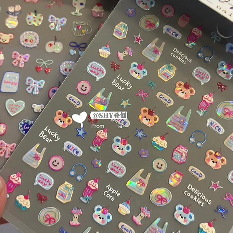 Cartoon Graffiti Cute Embossed Smiling Bear Nail Art Stickers Small Fresh Stereo Pen Holder Baby DIY Nail Stickers