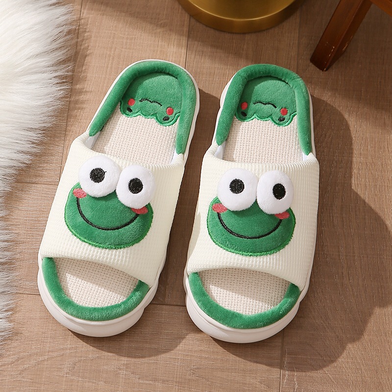New spring and summer male and female home couple linen slippers four seasons non-slip thick bottom cartoon frog sandals wholesale