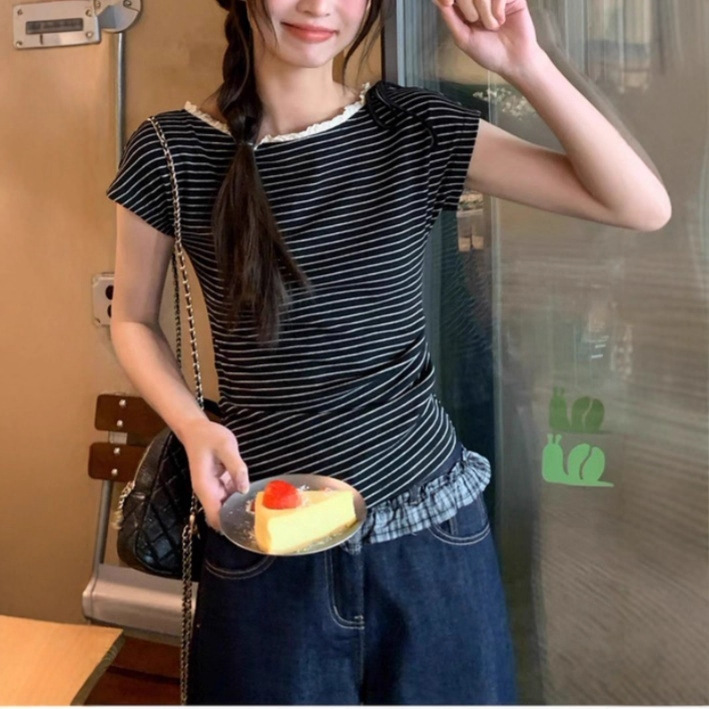 デザインレースストライプ半袖Tシャツレディース夏韓国風スプライシングツーウェアカラースリムフィットトップ
