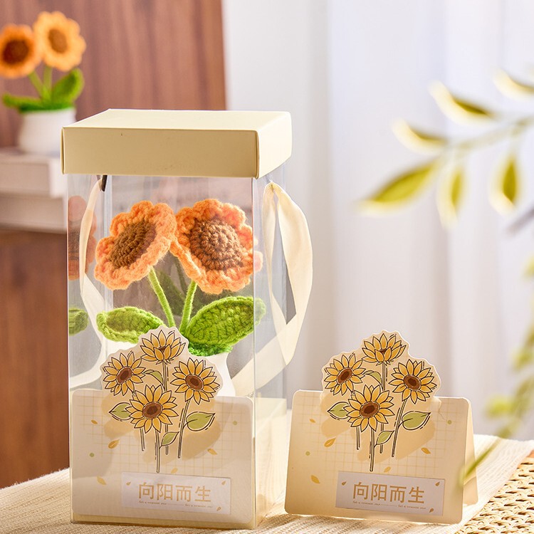 完成品のヒマワリはバラの花を編んで鉢植えの教師のバレンタインデーの誕生日の贈り物を編みます。|undefined