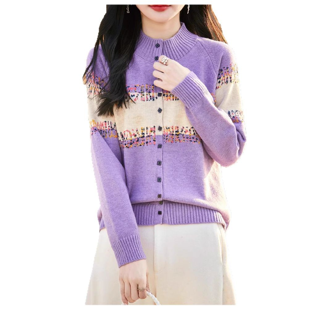 도매 가을과 겨울 새로운 피부 친화적 인 벨벳 세미 하이 크루 넥 니트 카디건 스퀘어 버클 대비 자카드 탑 코트 숙녀