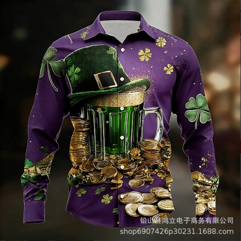 New Men's Clover Pattern 3D Printed Shirt, High-Quality Fashionable Casual Long-Sleeved Shirt with a Turn-Down Collar New Men's Clover Pattern 3D Printed Shirt, High-Quality Fashionable Casual Long-Sleeved Shirt with a Turn-Down Collar
