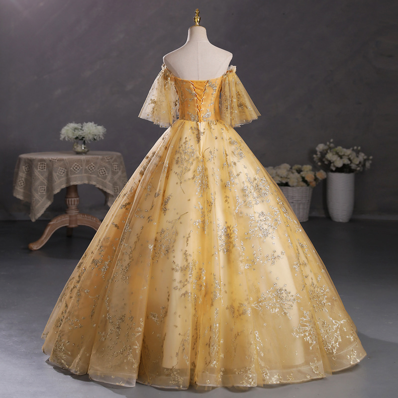 Nuevo vestido de noche de las mujeres fuera del hombro champán oro solo pettiskirt estudiante de arte examen rendimiento vestido de la reunión anual del anfitrión vestido