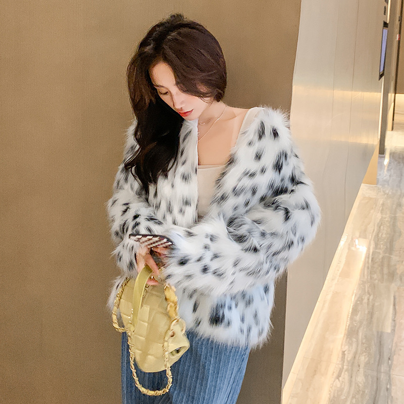 Damjacka i fuskpäls vinter plysch leopardmönstrad casual kappa_voghion.com