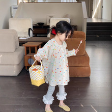 2025新款女童宽松休闲长袖衬衣春装儿童洋气彩色圆点中长款衬衫