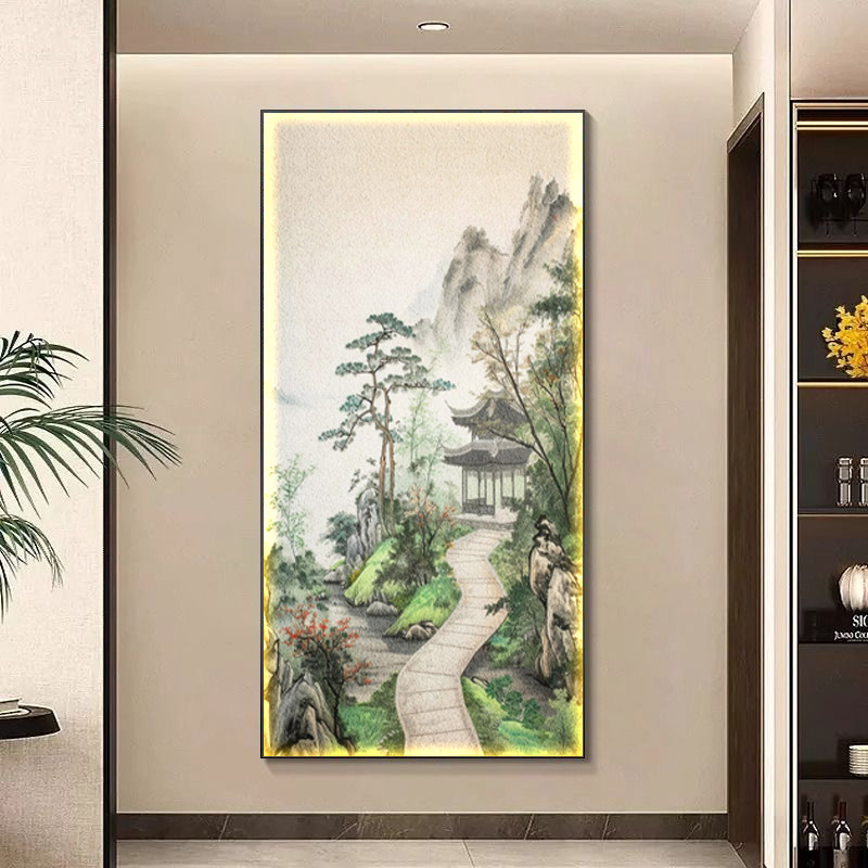 山水入户玄关装饰画新中式客厅风景走廊过道挂画书房茶室led灯画|undefined