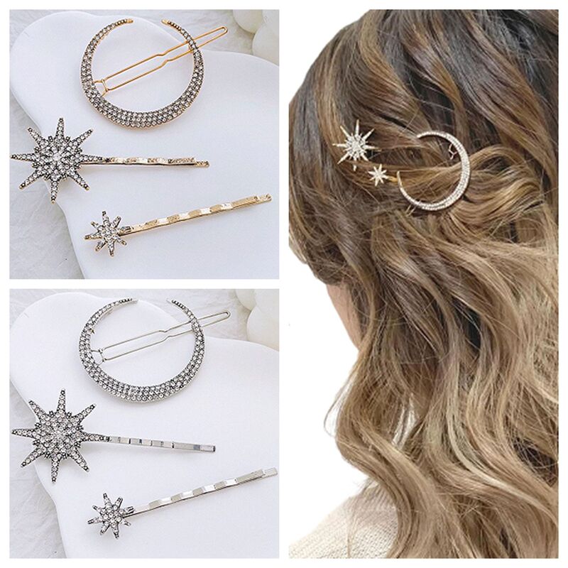 European and American cross-border star and moon set metal rhinestone hair clips vintage bobby pins bridal hair accessories frog clasp wholesale European and American cross-border star and moon set metal rhinestone hair clips vintage bobby pins bridal hair accessories frog clasp wholesale
