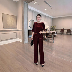 时尚欧美风2025年夏季女装真丝丝绒短袖上衣配系带长裤高级感套装