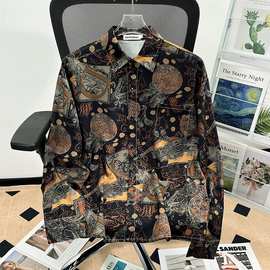 潮牌复古民族风满印长袖衬衫男ins街头宽松休闲百搭男女衬衣休闲