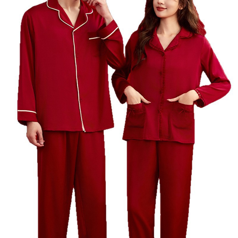 Pajamas de pareja para la boda de primavera y otoño helado seda roja para hombres y mujeres set de boda de seda MC0001