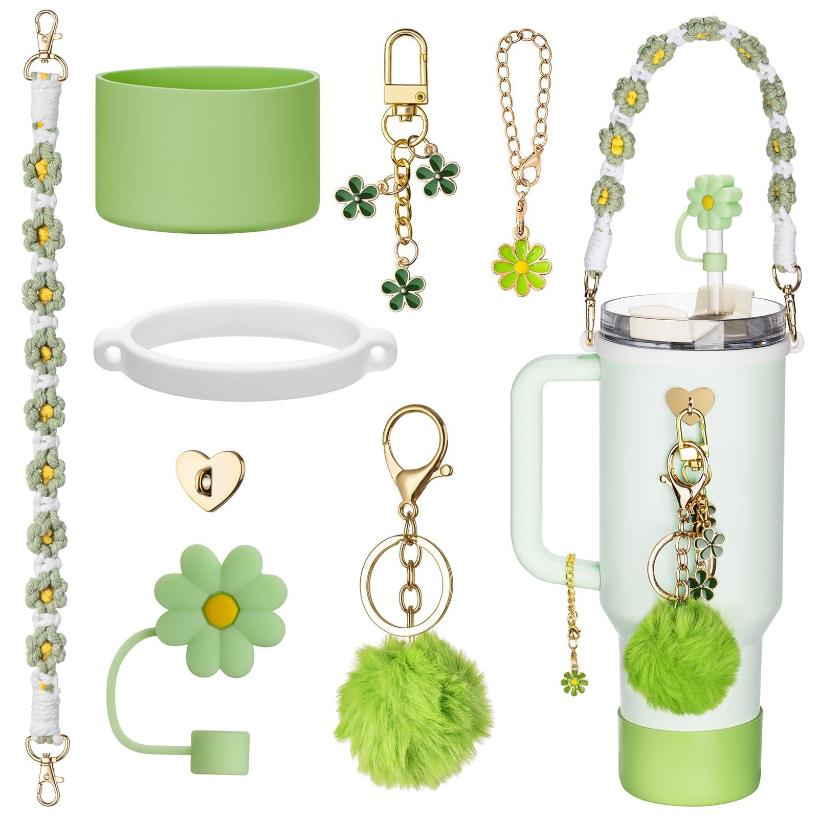 Ventas calientes accesorios de taza de agua stanley margarita cuerda de mano anillo de silicona gorra de paja flor bola de pelo de silicona taza de soporte