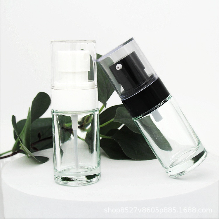 畅销直圆透明30ml玻璃分装瓶配按压粉底液泵头和喷头可互换精华液