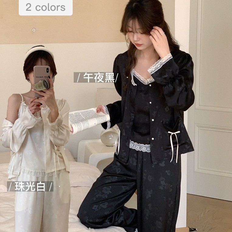 特价法式蕾丝月光缎高级感家居服三件套基础色系舒适轻薄透气睡衣