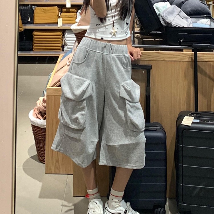 Long Gray Workwear-Style Multi-Pocket Shorts for Tall Women, Summer Loose Fit, Slimming Effect【Direct from Manufacturer】