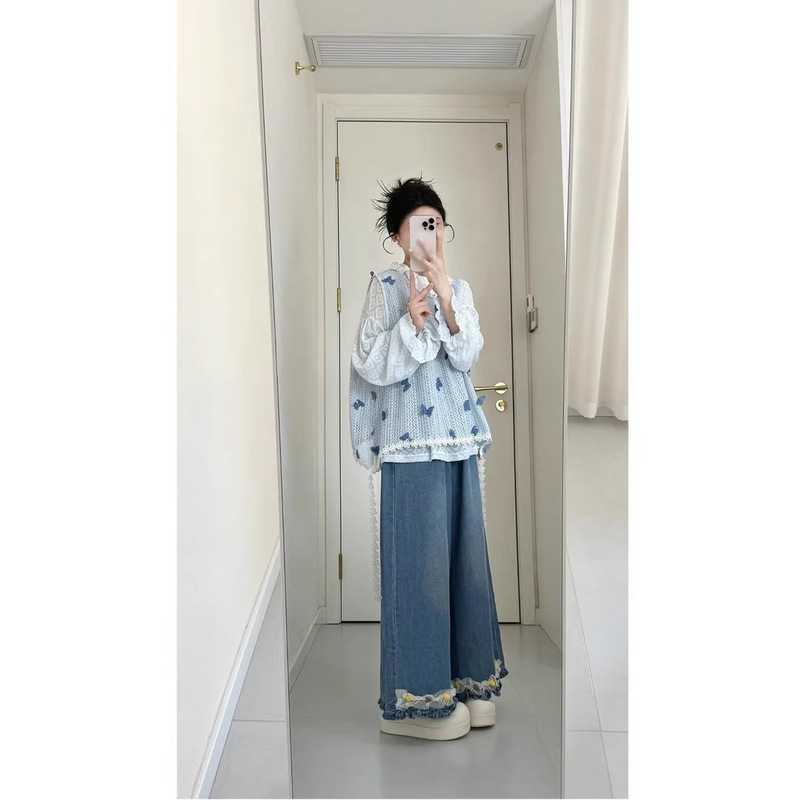 Trendy Street-Style Women's Spring Outfit: 3D Butterfly Sleeveless Hollow-Out Vest, Versatile Base Shirt, and Jeans Three-Piece Set Trendy Street-Style Women's Spring Outfit: 3D Butterfly Sleeveless Hollow-Out Vest, Versatile Base Shirt, and Jeans Three-Piece Set
