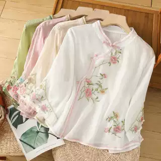 实拍 新款夏季棉麻民族风重工刺绣盘扣文艺茶服上衣遮肉宽松上衣