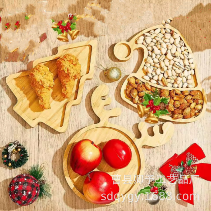New Bamboo Wooden Christmas Tableware Dried Fruit Snacks Multi-Grids Wooden Plate Household Fruit Plate Restaurant Fast Food Plate