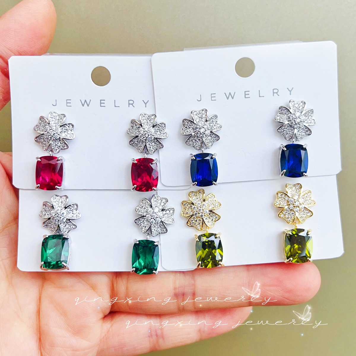 Douyin same style zircon flower earrings red corundum sapphire blue crystal fashion earrings light luxury high-end girls earrings