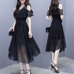 2025 Summer Women's New Dress Women's Short Sleeve Irregular Black Slim Midi Skirt