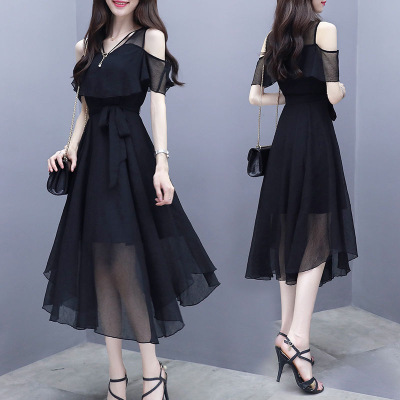 2026 Summer Women's New Dress Women's Short Sleeve Irregular Black Slim Mid-Length Dress 2026 Summer Women's New Dress Women's Short Sleeve Irregular Black Slim Mid-Length Dress