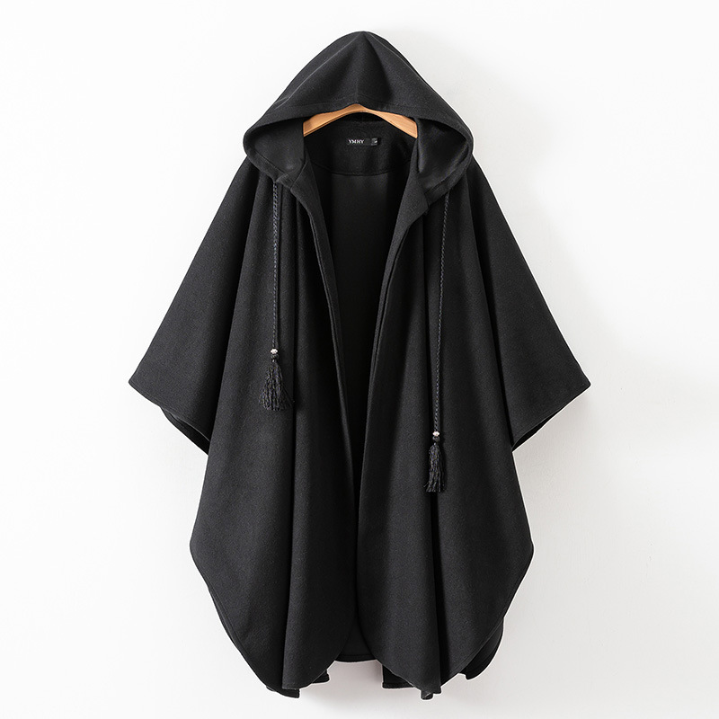 European and American New Autumn and Winter European and American Style Black Loose Hooded Long Vest Woolen Coat Casual Coat for Men and Women European and American New Autumn and Winter European and American Style Black Loose Hooded Long Vest Woolen Coat Casual Coat for Men and Women