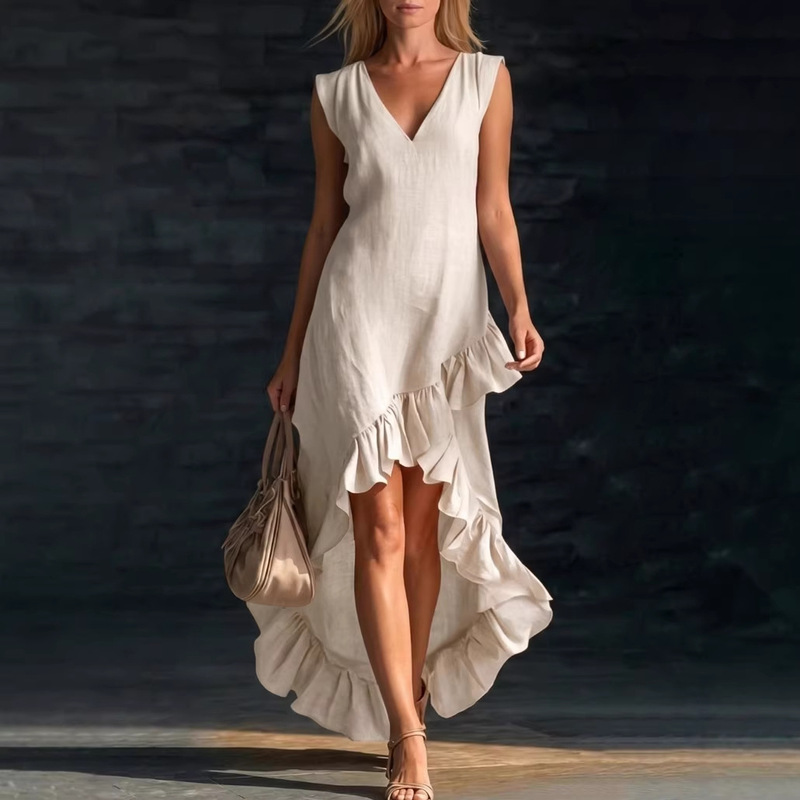 Summer Cross-Border Sleeveless V-Neck Ruffle Dress for Women, European and American Vacation Style, Slimming and Drapey Loose Dress