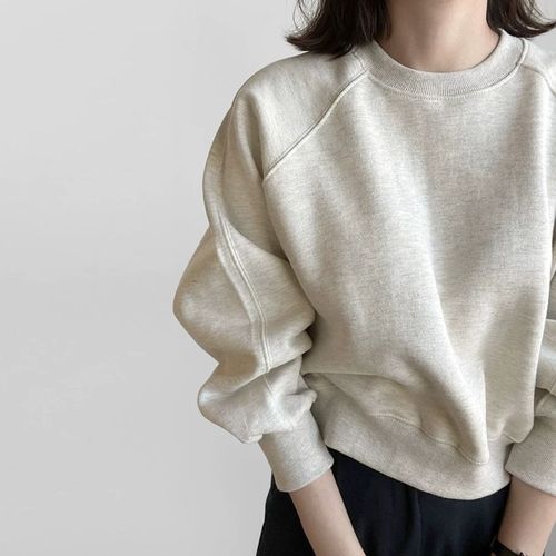 Women's Fleece-Lined Simple Solid Oat Color Crew Neck Hooded Sweatshirt for Commuting Long-Sleeved Round Neck Pullover Loose Batwing Sleeve Top