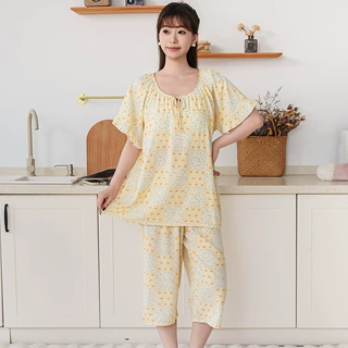 夏季棉绸睡衣女奶油黄小碎花短袖七分裤宽松舒适可外穿家居服套装