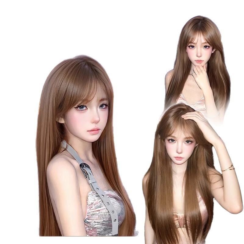 假发女长发齐刘海长直发自然减龄Lolita亚麻棕圆脸仿真人发全头套|undefined