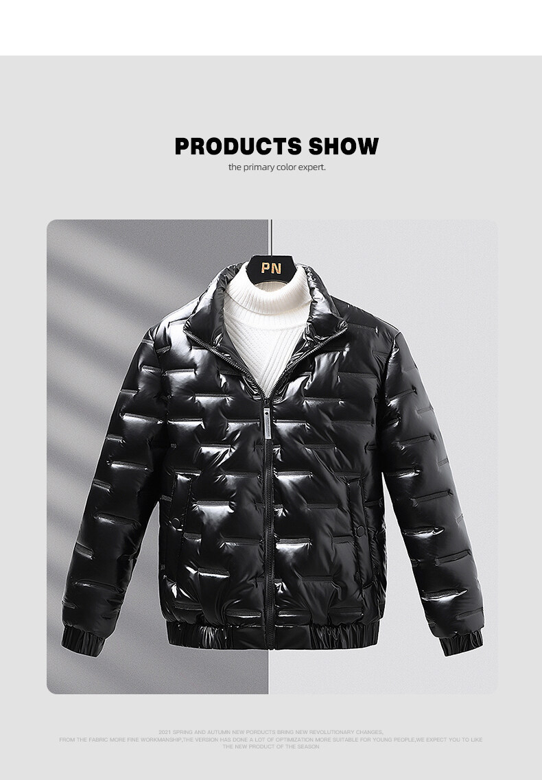 2023 Winter New Solid Color Bright Face Men's Casual Slim Fit Stand Collar Thick Cotton Jacket_voghion.com