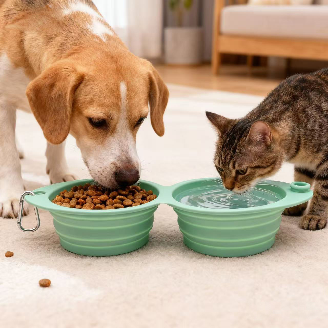 Dog Bowl, Anti-Knock Silicone Pet Folding Bowl, Portable Drinking Water and Feeding All-In-One Dog Double Bowl Supplies When Going Out