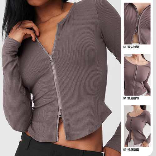 Cross-border yoga coat, women's double-headed zipper 2025 autumn and winter Europe and America lulu running yoga coat, quick-drying