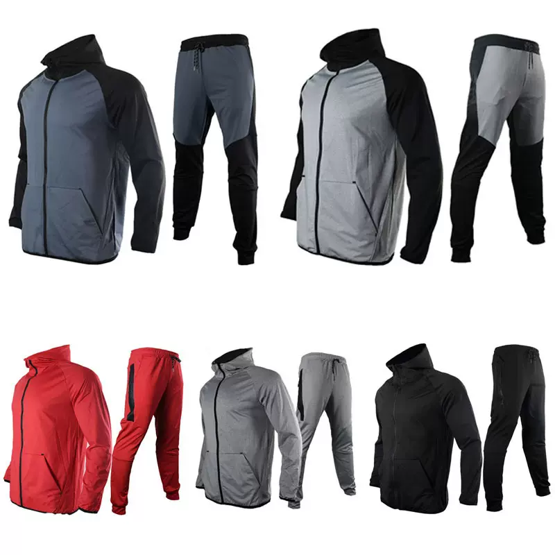 欧美跨境春秋连帽宽松外套长裤拼接撞色卫衣男士运动服休闲套装