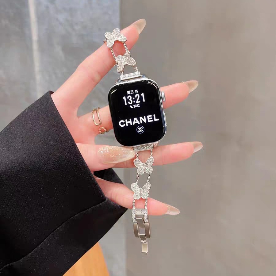 For Apple Applewatch Watch Band 10 Generation Metal Butterfly Fine Diamond Women's iwatch8/9 Watch Band