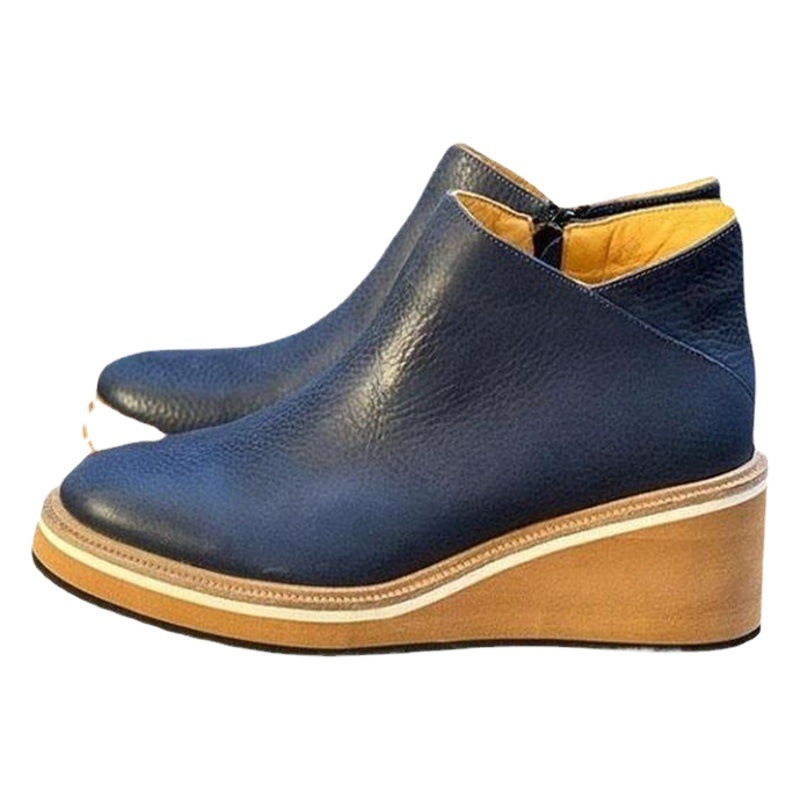 2022 New Large Size Wedge Short Boots Women's Autumn and Winter European and American Flat Side Zipper Round Toe Solid Color Naked Boots Thick-Soled Leather Boots