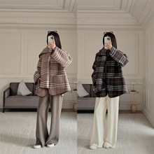 双面可穿！羊毛/羊绒混纺~英伦格纹 斗篷式毛呢大衣+围巾G102124