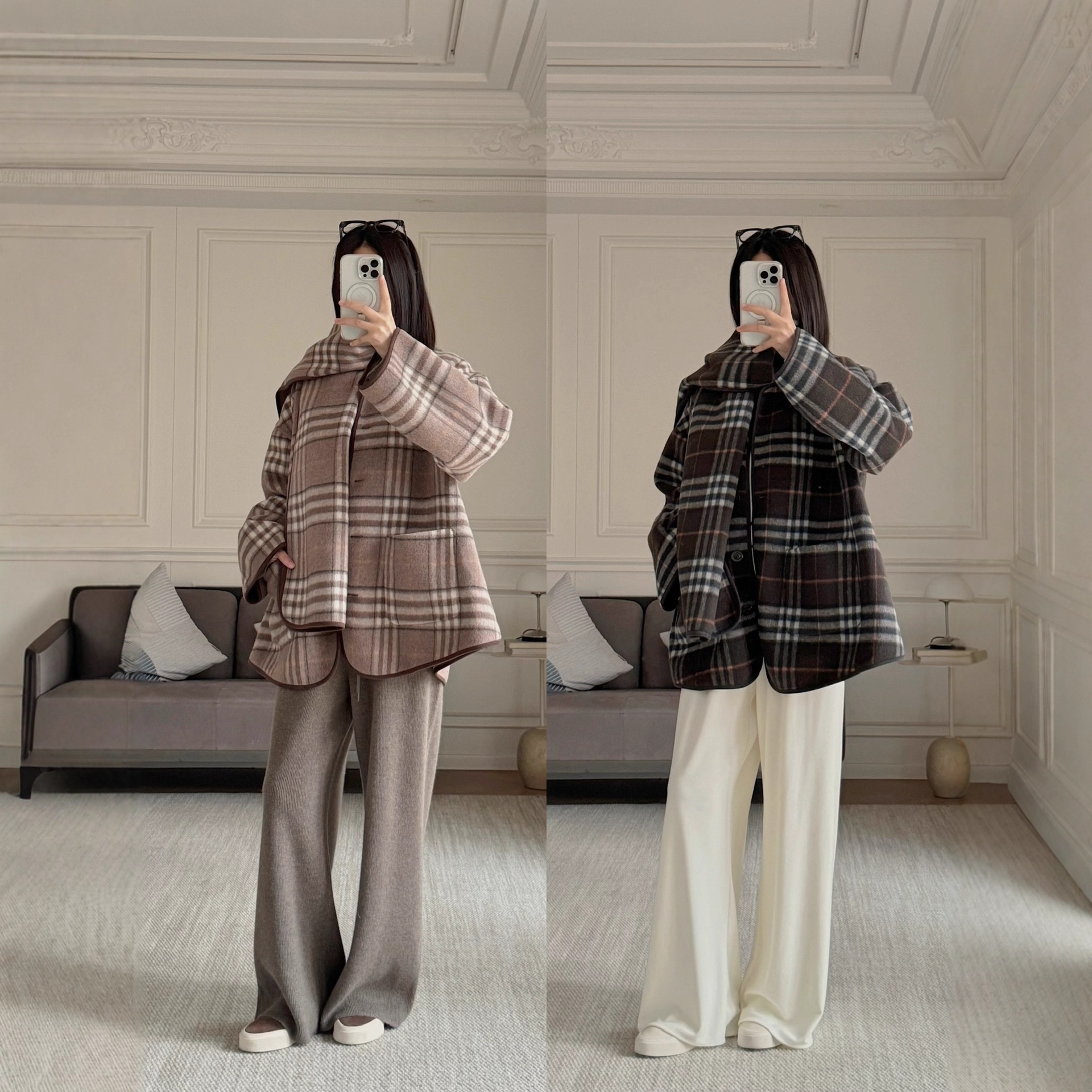 双面可穿！羊毛/羊绒混纺~英伦格纹 斗篷式毛呢大衣+围巾G102124