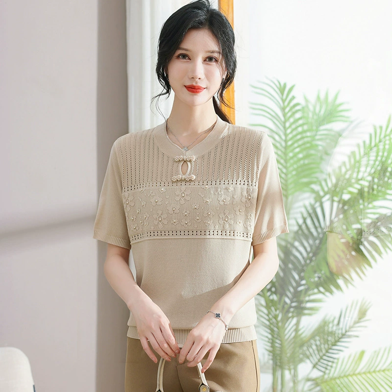 Мама летняя одежда 2025 новый китайский стиль с пуговицами маленькая рубашка среднего и пожилого возраста женская футболка с короткими рукавами