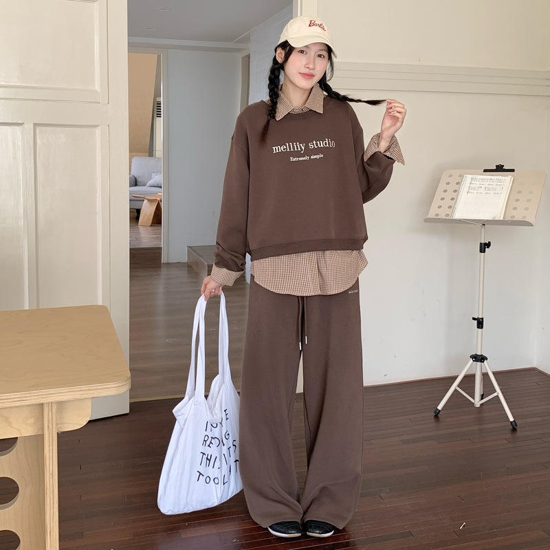 2025新款套装女装秋宽松美式卫衣翻领假两件直筒休闲裤显瘦两件套|undefined