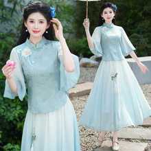 实拍新中式古典气质汉服女装改良协襟刺绣中式盘扣上衣半身裙套装