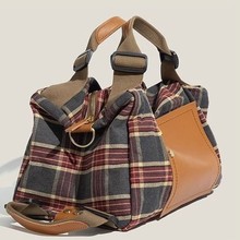 手提双肩包女两用斜挎包大容量红色格子包包新款个性大学生帆布包