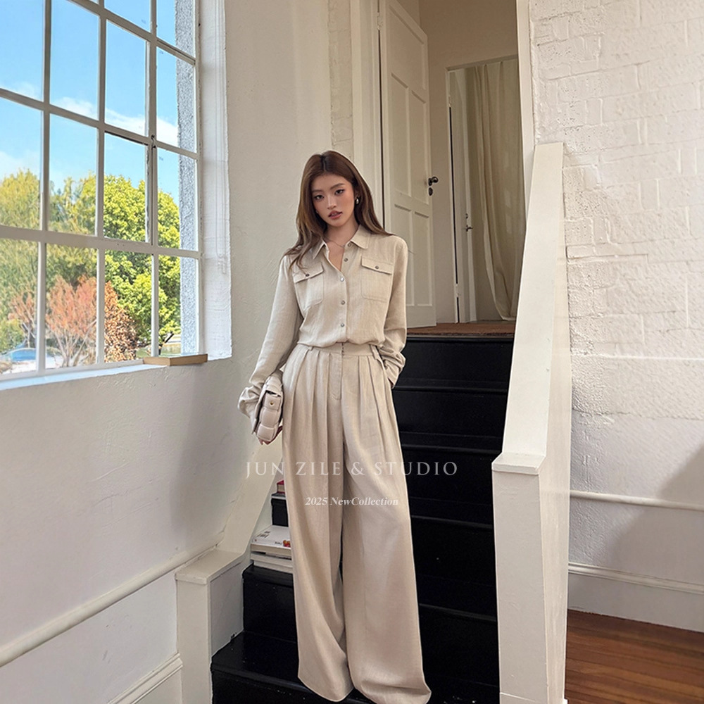 秋季女装套装老钱风亚麻衬衫长袖上衣女气质休闲直筒阔腿裤两件套