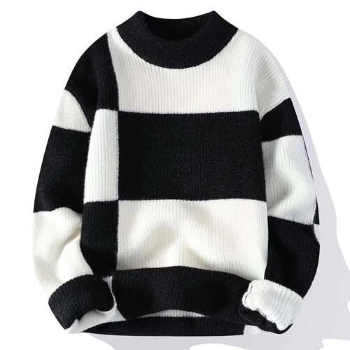 Contrast-color sweater men's round collar winter casual thick men's sweater Hong Kong style new sweater winter warm top