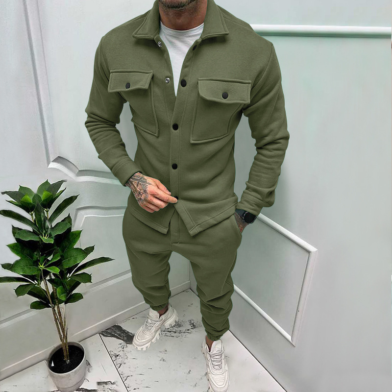 23 große Mode Trendy Herren Frühling und Herbst Knopf Wildleder Casual Jacke Hosen 2 Stück Set_voghion.com