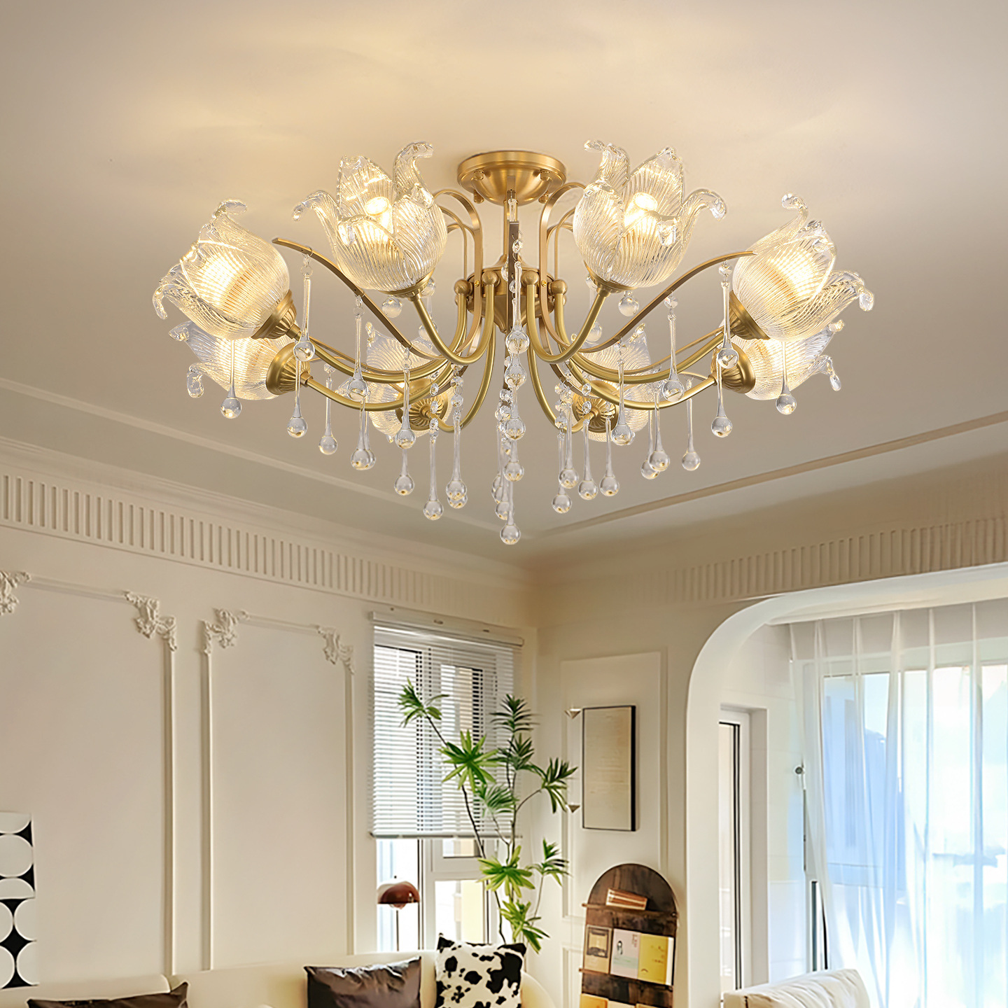 Lámpara de la sala de estar francesa nueva simple lujosa romántica retro pasillo luz principal flores frescuras lámparas de cristal 413L