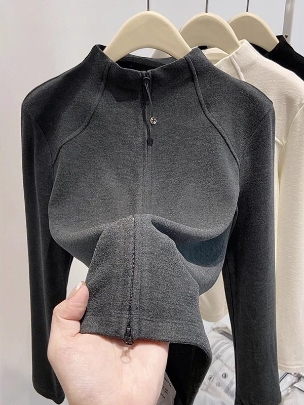 Áo khoác cardigan nữ dáng ôm cổ lọ nửa, khóa kéo đôi, tay dài, chất nhung Đức dày — màu xám đậm, màu đen, quả mơ