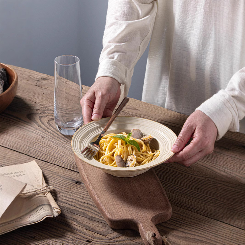 Japanese Ins Style Handmade Stoneware Retro Straw Hat Bowl Ceramic Tableware Pasta Plate Creative Salad Plate Household Soup Plate