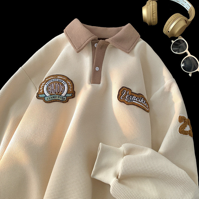 Waffle Sweatshirt Men's Spring and Autumn Trendy Brand Embroidered Lapel American Retro Heavyweight Couple Long-Sleeved Jacket
