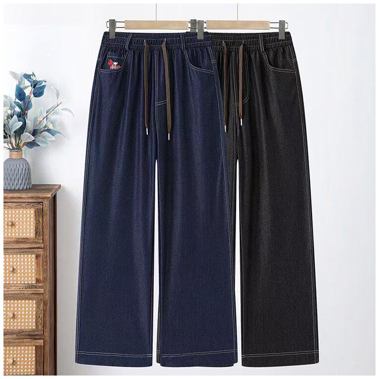 Women's Spring/Summer Jeans with Elastic Waist and Drawstring, Loose Straight-Leg Pants, Mid-Aged and Elderly Women's Summer Wear, Narrow Wide-Leg Pants Women's Spring/Summer Jeans with Elastic Waist and Drawstring, Loose Straight-Leg Pants, Mid-Aged and Elderly Women's Summer Wear, Narrow Wide-Leg Pants